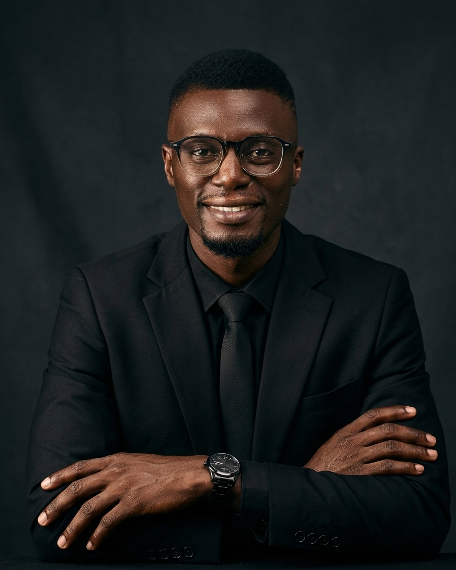 Smiling portrait of Prince Oluwatosin Odumosu with arms folded in a black suit