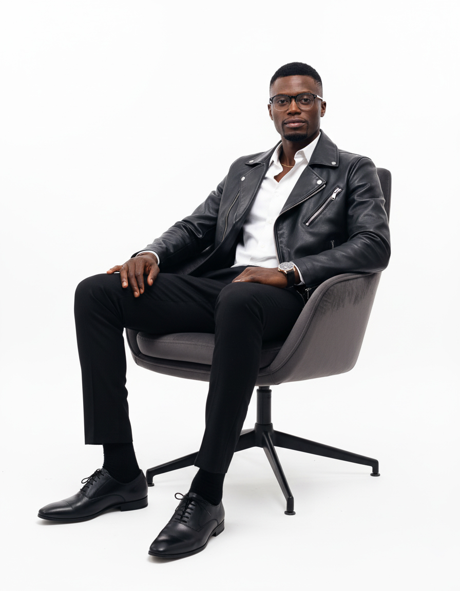 Prince Oluwatosin Odumosu seated in a chair wearing a leather jacket on a white studio background