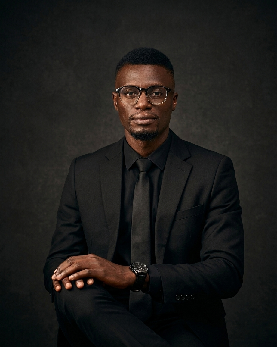Seated studio portrait of Prince Oluwatosin Odumosu in an all-black suit and tie