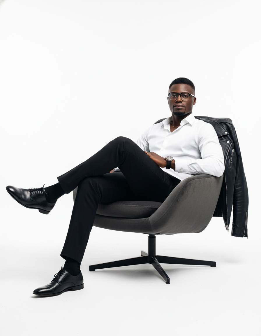 Prince Oluwatosin Odumosu reclining in a chair on a white studio background