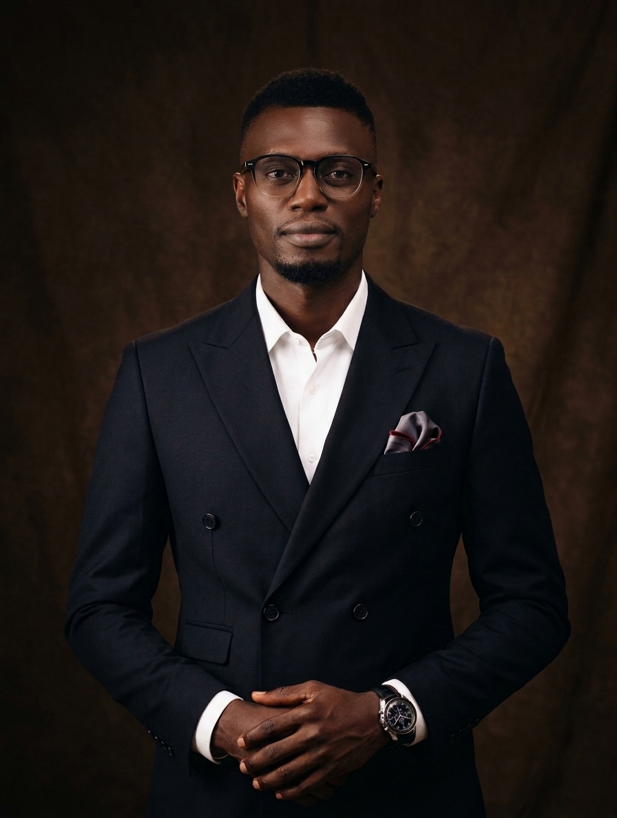 Studio portrait of Prince Oluwatosin Odumosu in a navy double-breasted suit against a brown backdrop